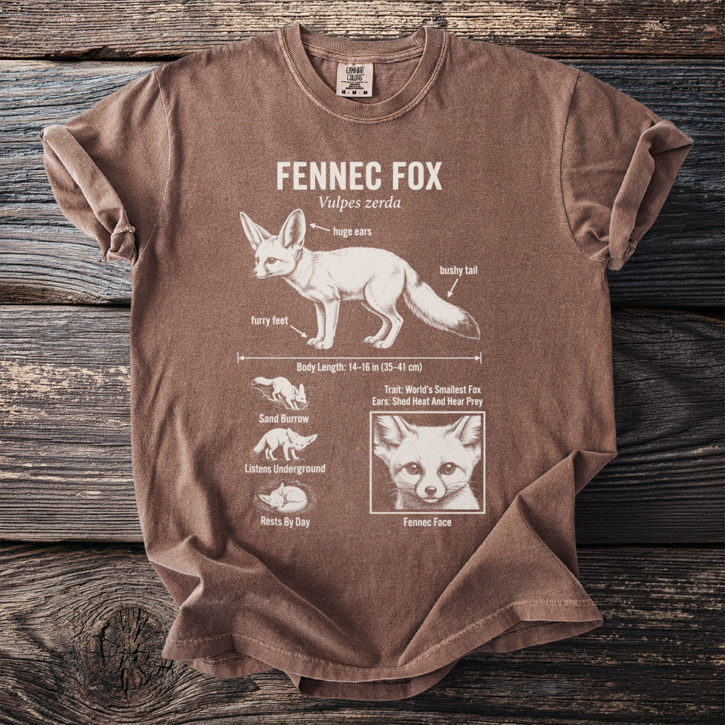 Brown t-shirt with Fennec Fox illustration and facts: "Vulpes zerda", body length, behavior, and face.