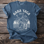 Baba Yaga russian witch folklore tale graphic on a blue t-shirt.