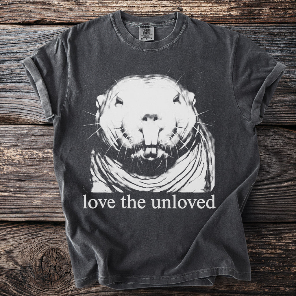 Dark gray t-shirt with a white graphic of a groundhog and the text "love the unloved".