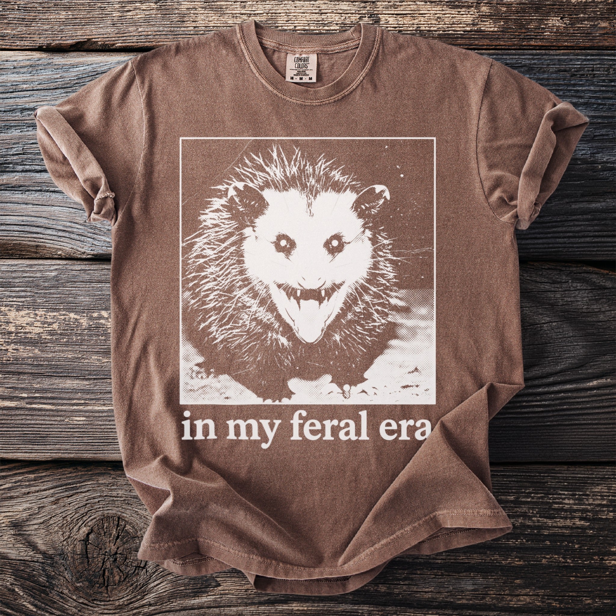 Brown t-shirt with distressed opossum graphic and text "in my feral era"