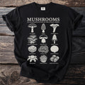 Black t-shirt with illustrated study of mushrooms and their names.