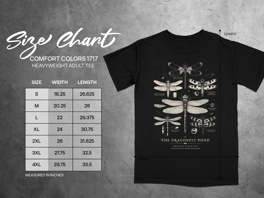 Size chart for Comfort Colors 1717 heavyweight adult tee with dragonfly illustrations.