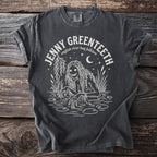 Jenny Greenteeth English river hag folklore graphic on a dark grey t-shirt.