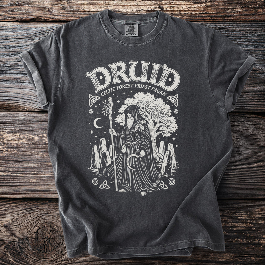 Druid Celtic Forest Priest Pagan design on a charcoal grey t-shirt.