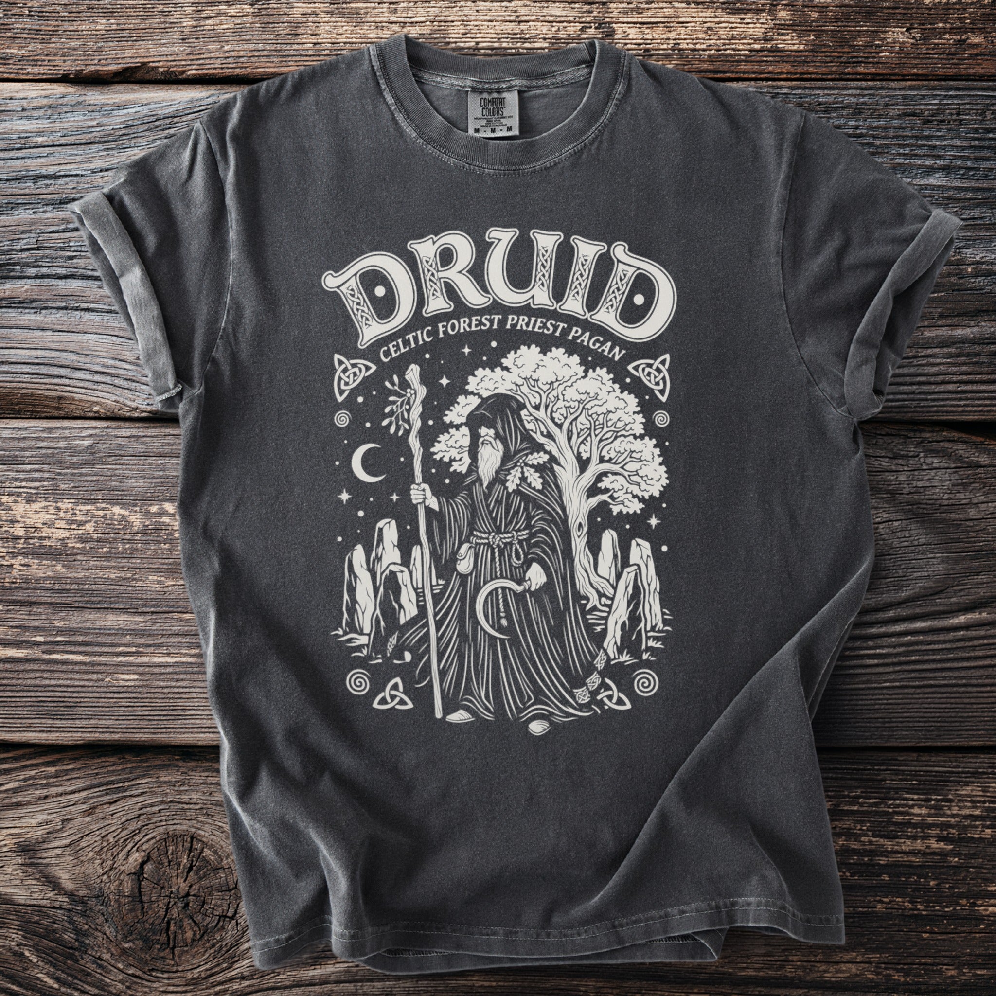 Druid Celtic Forest Priest Pagan design on a charcoal grey t-shirt.
