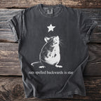 Dark gray t-shirt with a white rat and star graphic, text reads "rats spelled backwards is star".