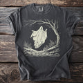 Dark grey t-shirt with a cream graphic of a ghost floating near a tree.