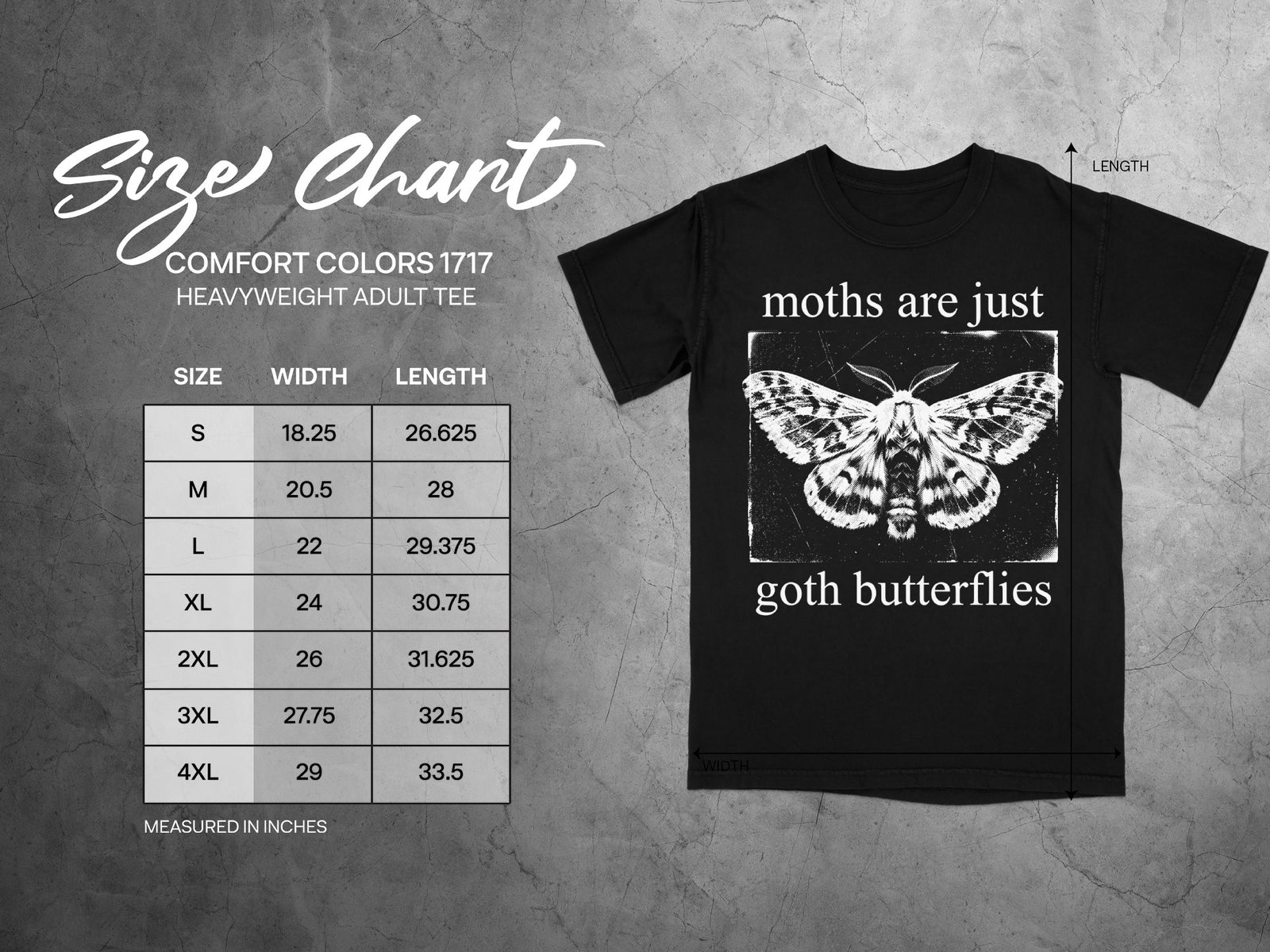 Comfort Colors 1717 garment size chart in inches.