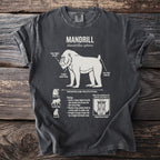 Dark grey t-shirt with Mandrill anatomy diagram and biological information.