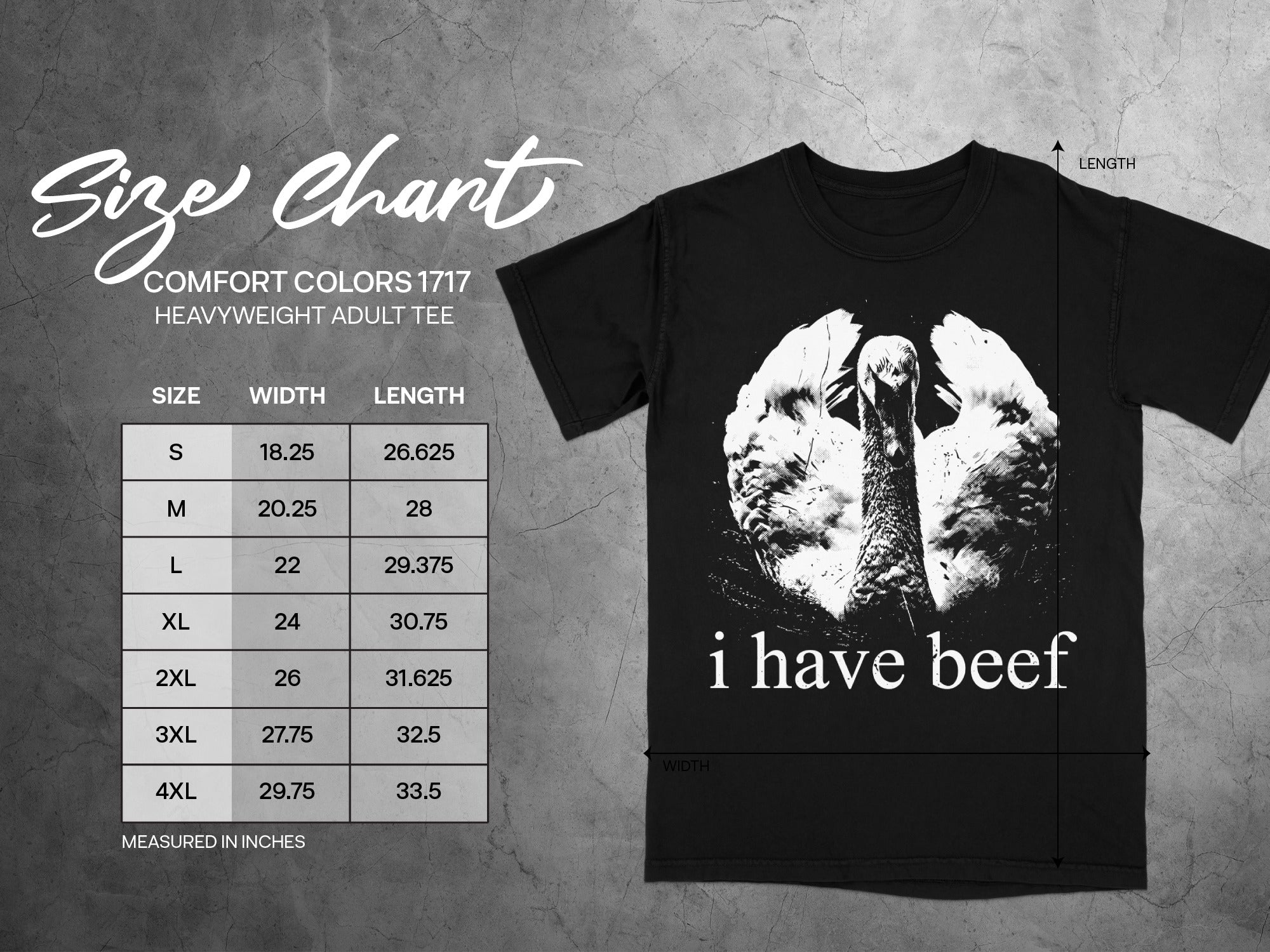 Comfort Colors 1717 heavyweight adult tee size chart with black t-shirt graphic.