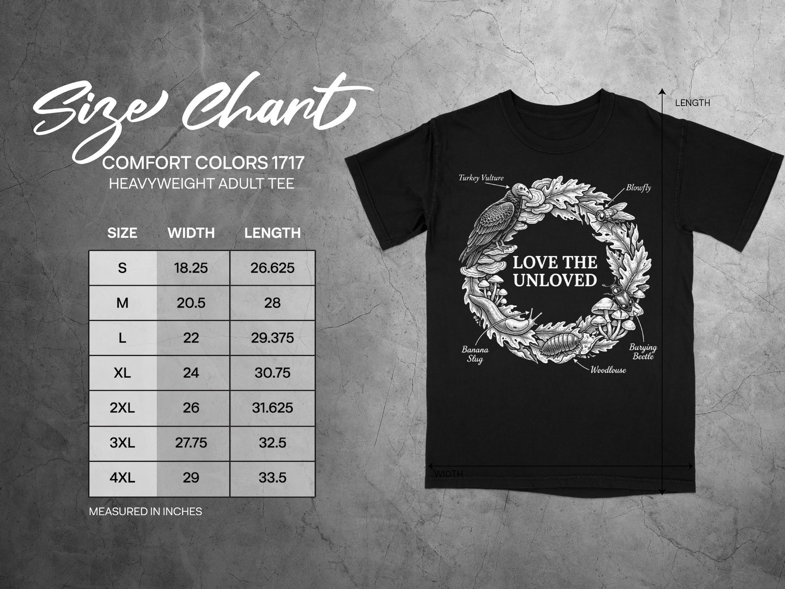 Comfort Colors 1717 garment size chart in inches.