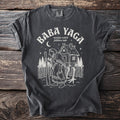 T-shirt with Baba Yaga illustration and text "russian witch folklore tale"