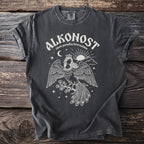 Alkonost Slavic paradise bird maiden graphic t-shirt with sun, moon, and stars.