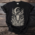 Black t-shirt with a detailed off-white graphic of a raven on antlers surrounded by skulls and nature elements.