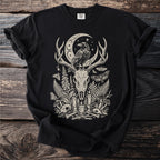 Black t-shirt with a detailed off-white graphic of a raven on antlers surrounded by skulls and nature elements.