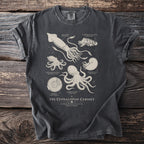 T-shirt with a detailed scientific illustration of cephalopods and sea creatures.