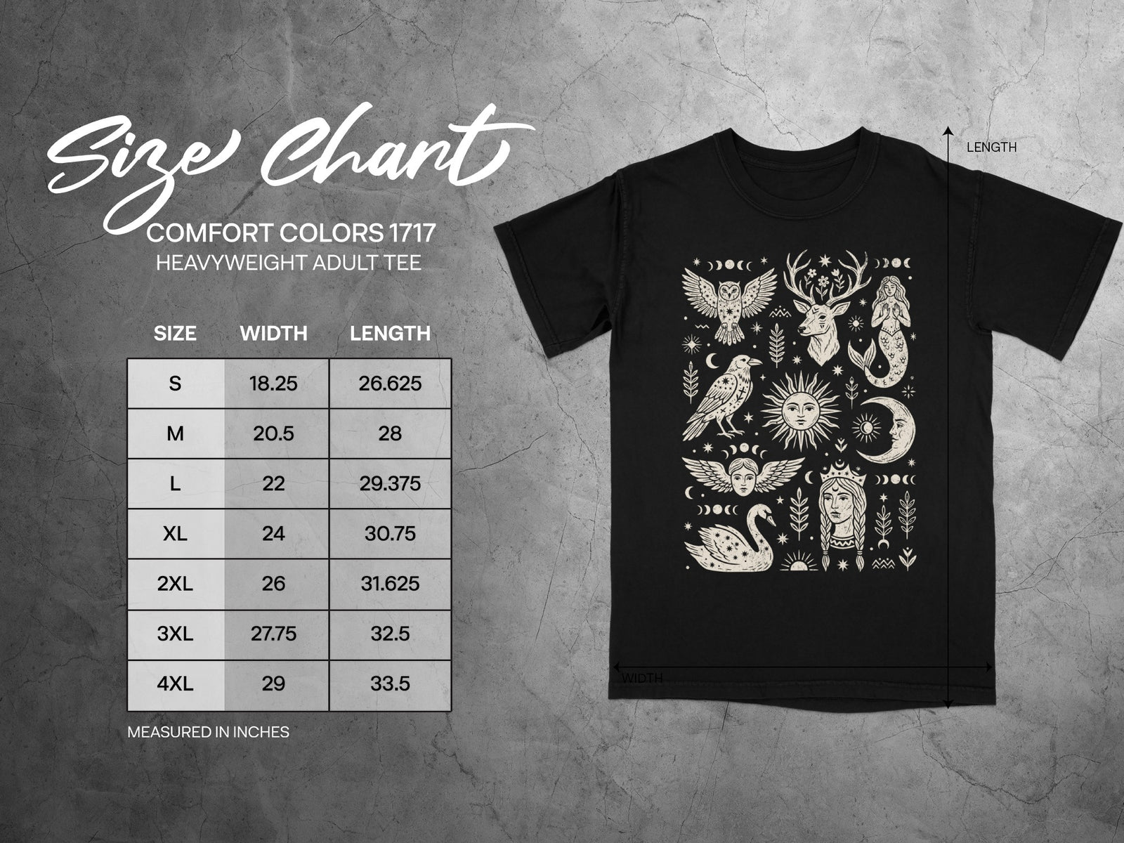 Comfort Colors 1717 adult tee size chart with width and length measurements in inches.