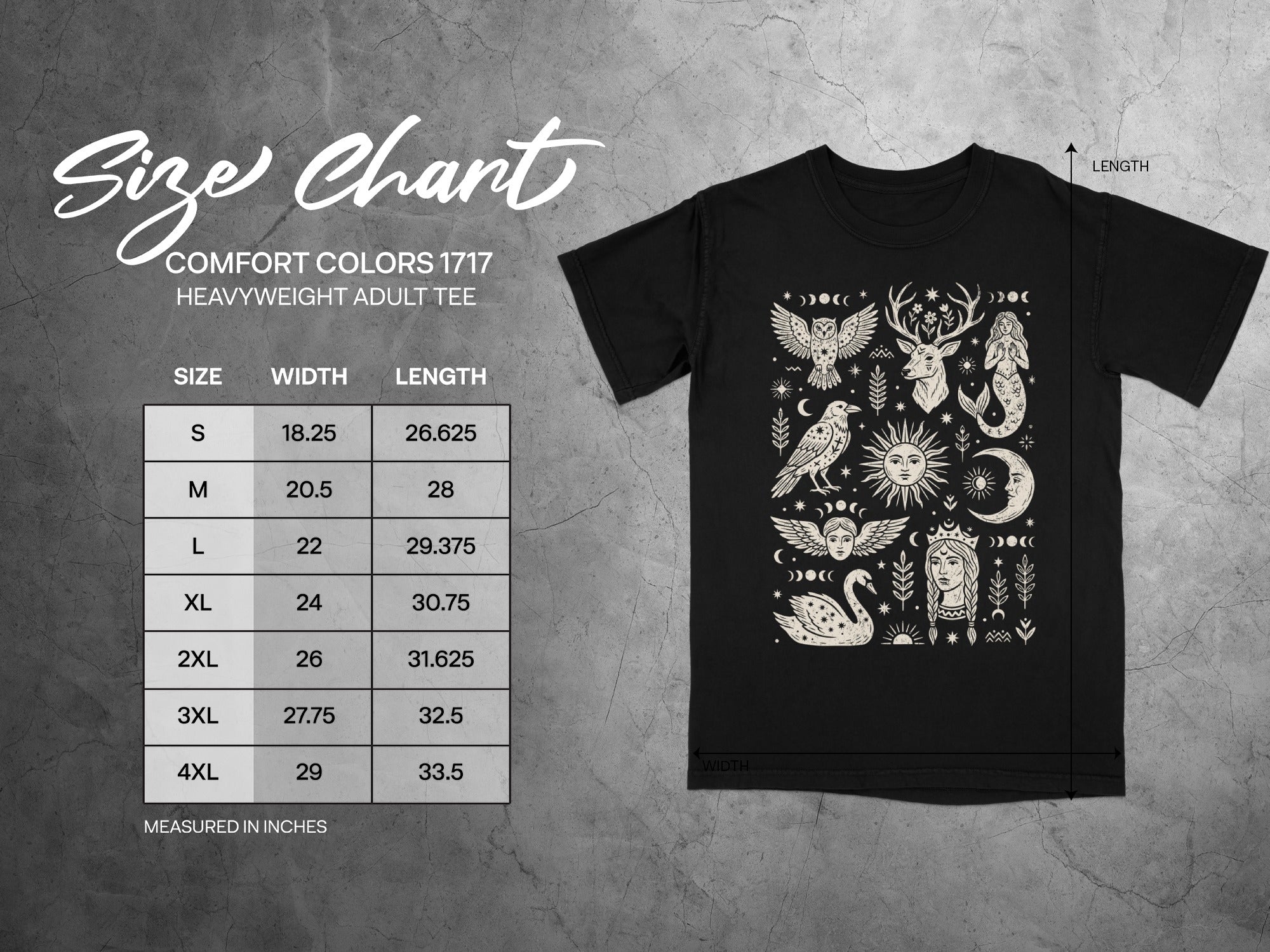 Comfort Colors 1717 adult tee size chart with width and length measurements in inches.