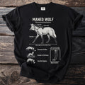 Black t-shirt with an illustration of a maned wolf and its features labeled.