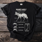 Black t-shirt with an illustration of a maned wolf and its features labeled.