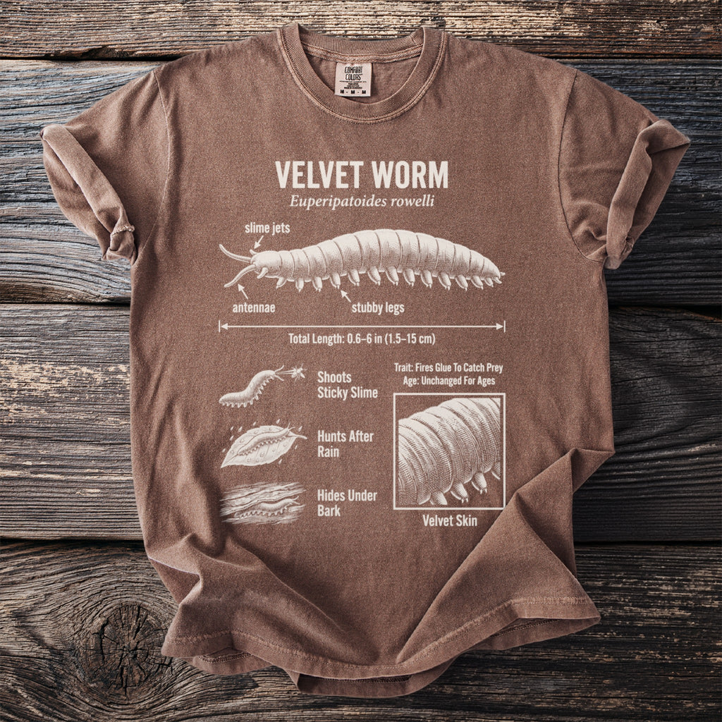 Brown t-shirt with white text and illustrations of a velvet worm and its characteristics.