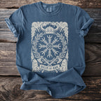Blue t-shirt with a 'Helm of Awe' Norse design and viking helmet graphic.