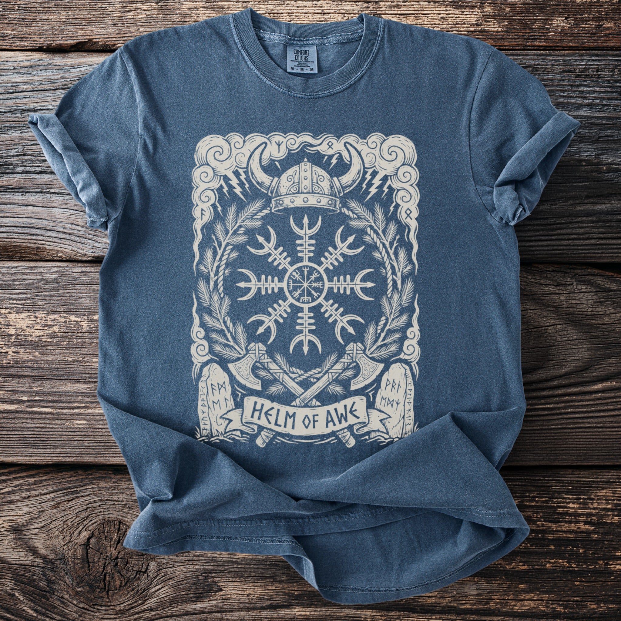 Blue t-shirt with a 'Helm of Awe' Norse design and viking helmet graphic.