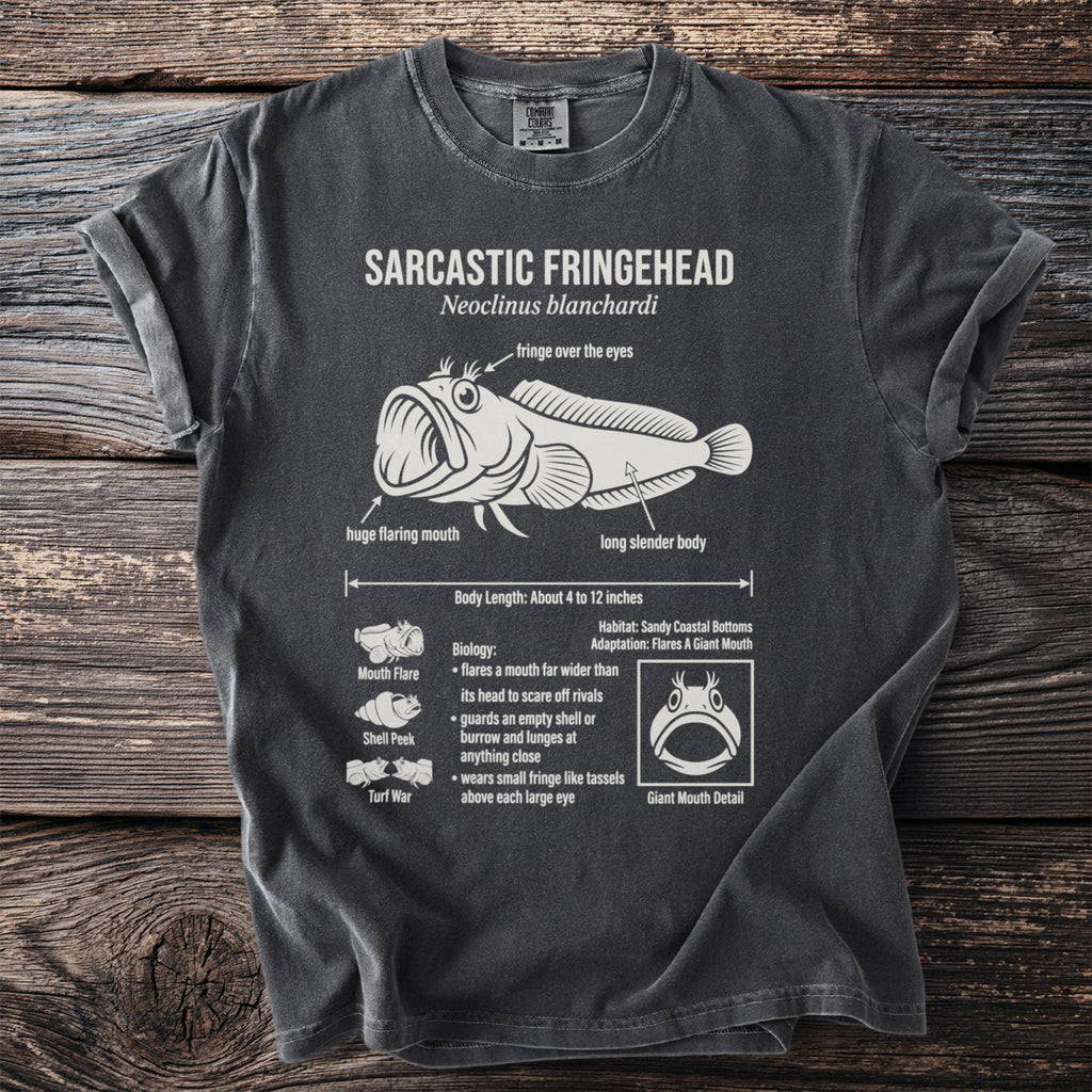 T-shirt with scientific illustration of a Sarcastic Fringehead fish and its characteristics.
