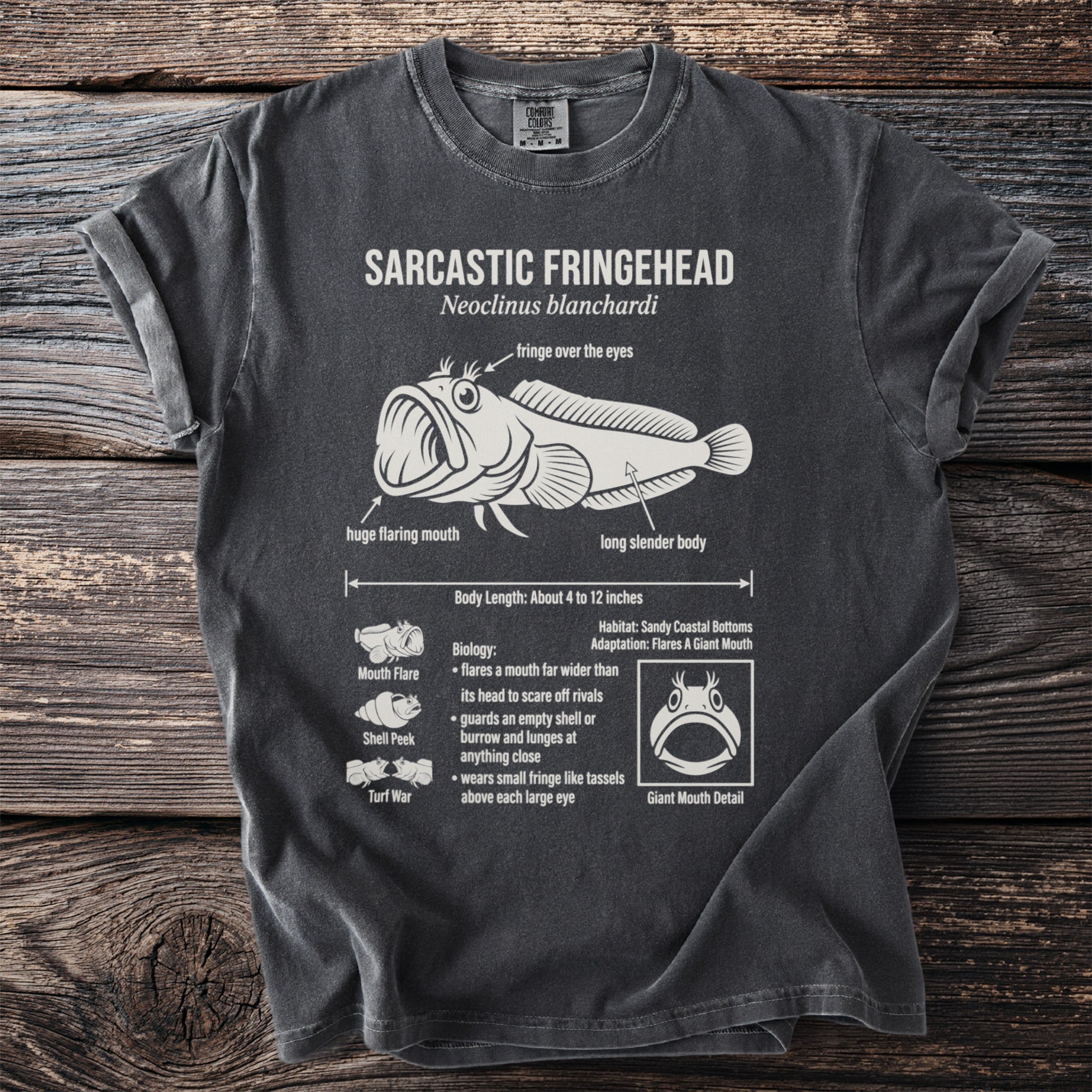 T-shirt with scientific illustration of a Sarcastic Fringehead fish and its characteristics.