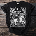 Black t-shirt with white graphic of winged warrior on a horse with moon and oak leaves.