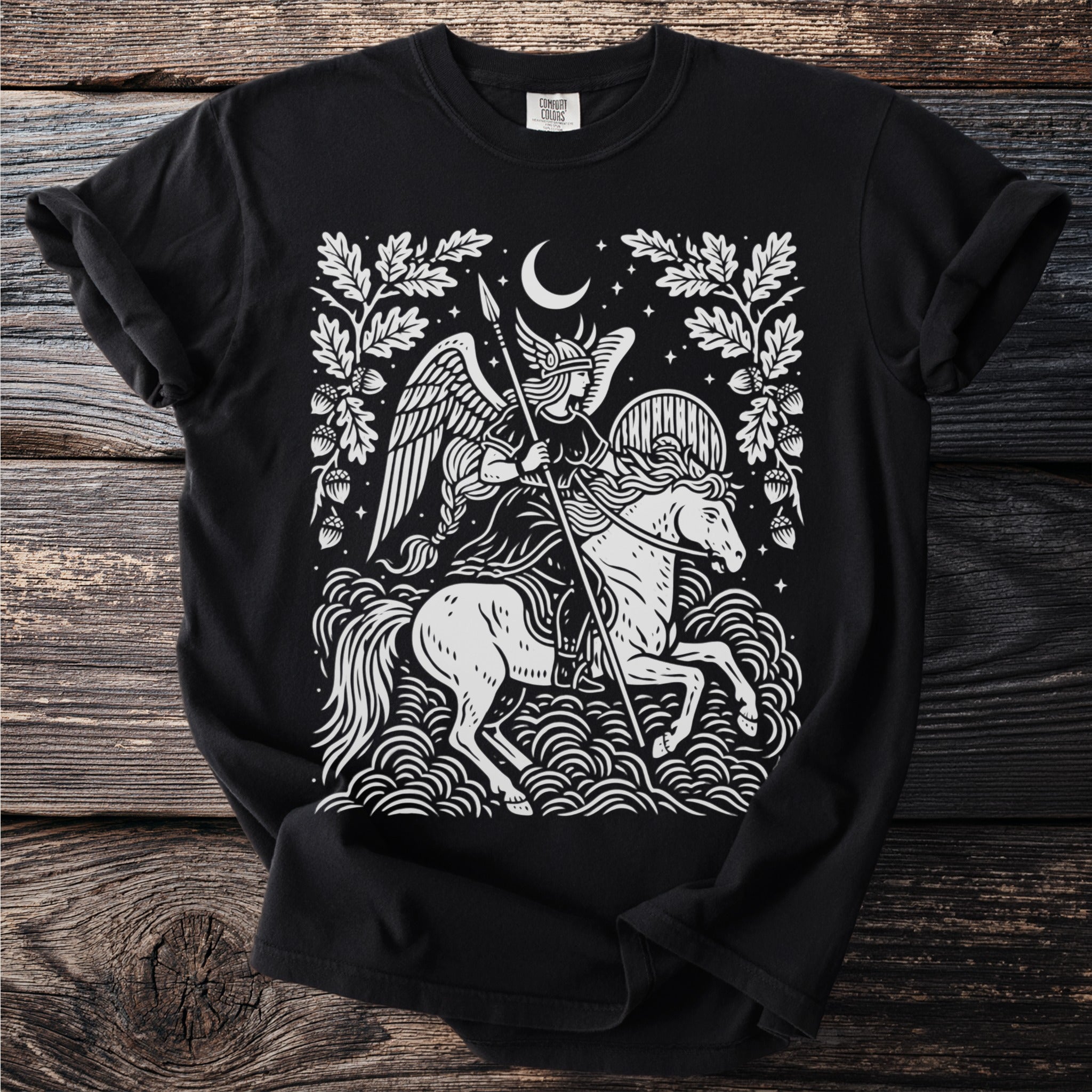 Black t-shirt with white graphic of winged warrior on a horse with moon and oak leaves.