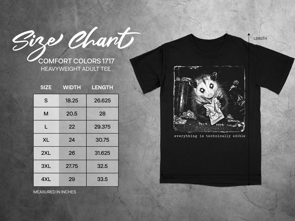 Comfort Colors 1717 adult tee size chart with width and length measurements in inches.
