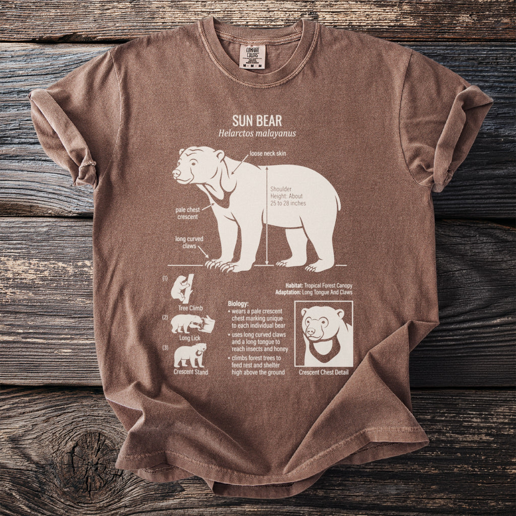 Brown t-shirt with Sun Bear scientific illustration, anatomy, and biology facts.