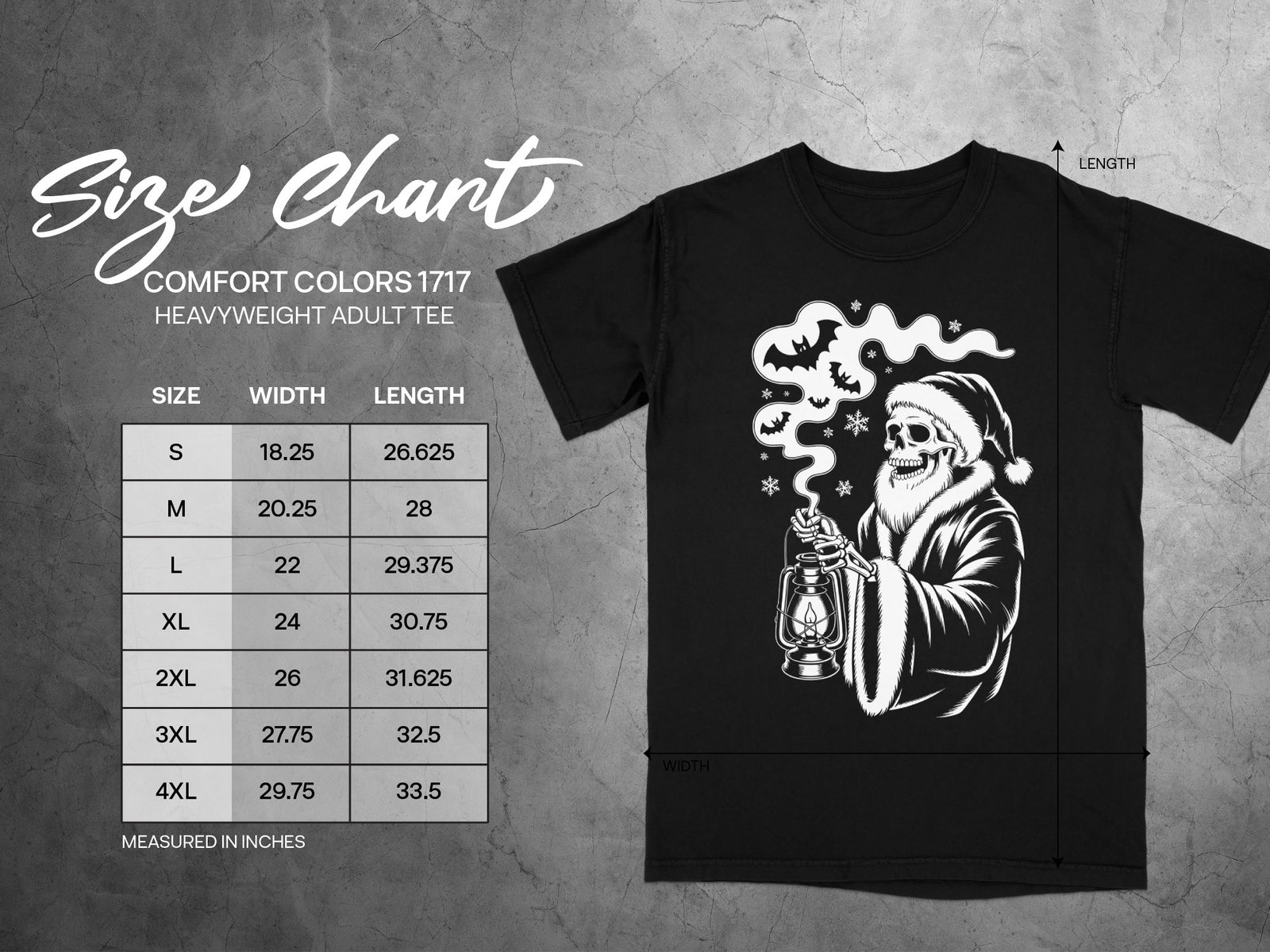 Size chart for Comfort Colors 1717 heavyweight adult tee with skull graphic.