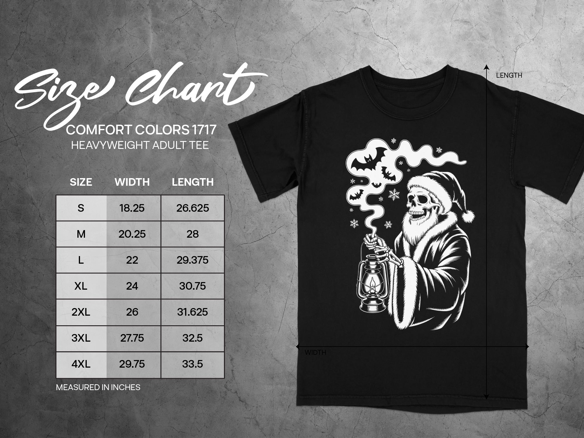 Size chart for Comfort Colors 1717 heavyweight adult tee with skull graphic.