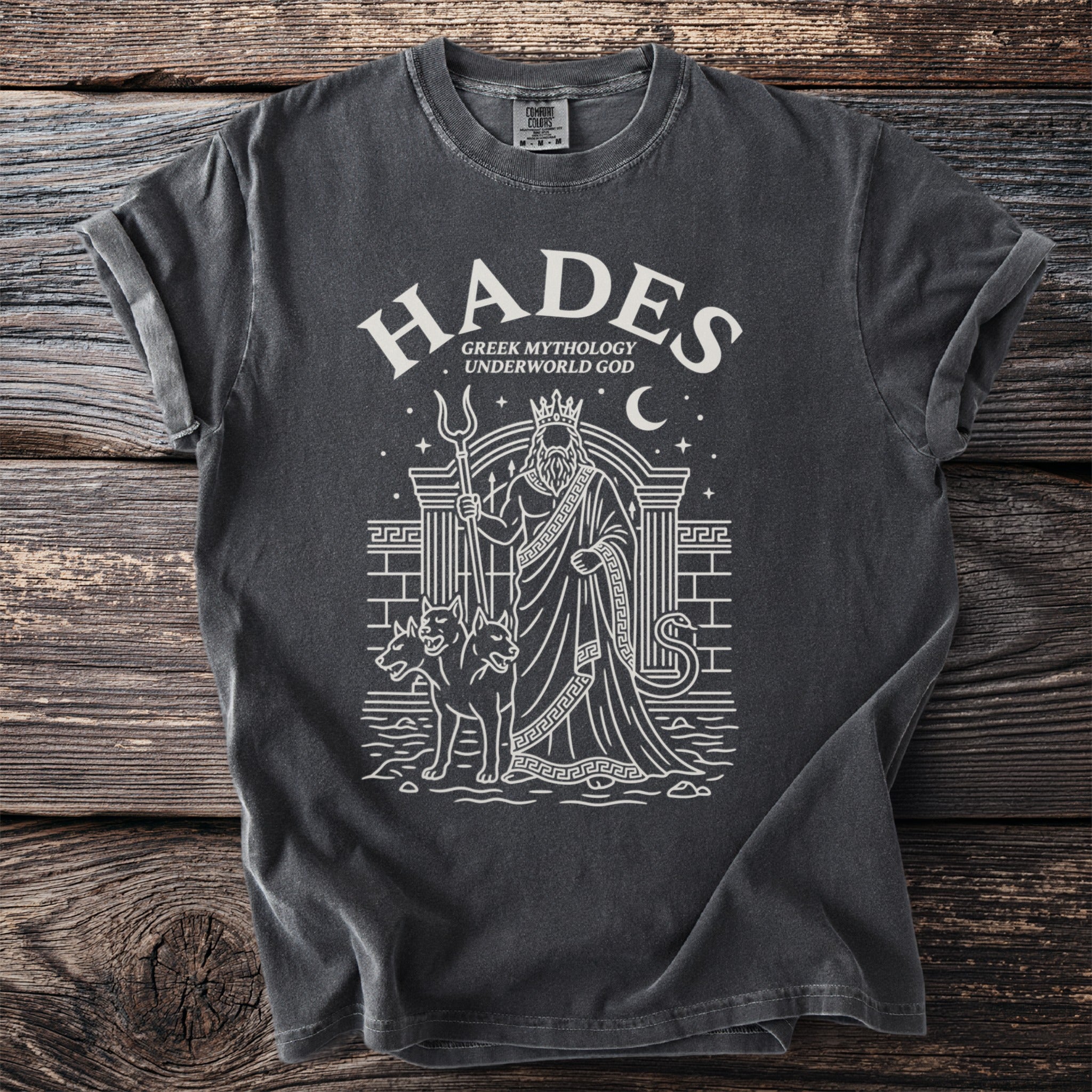 Dark t-shirt with white graphic of Hades, Greek Mythology Underworld God, with Cerberus.