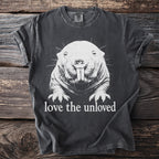 Gray t-shirt with a white drawing of a naked mole-rat and text "love the unloved".