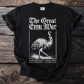 Black t-shirt with "The Great Emu War" text and graphic of an emu.