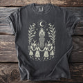 Dark gray t-shirt with a pagan bonfire ritual graphic and a.