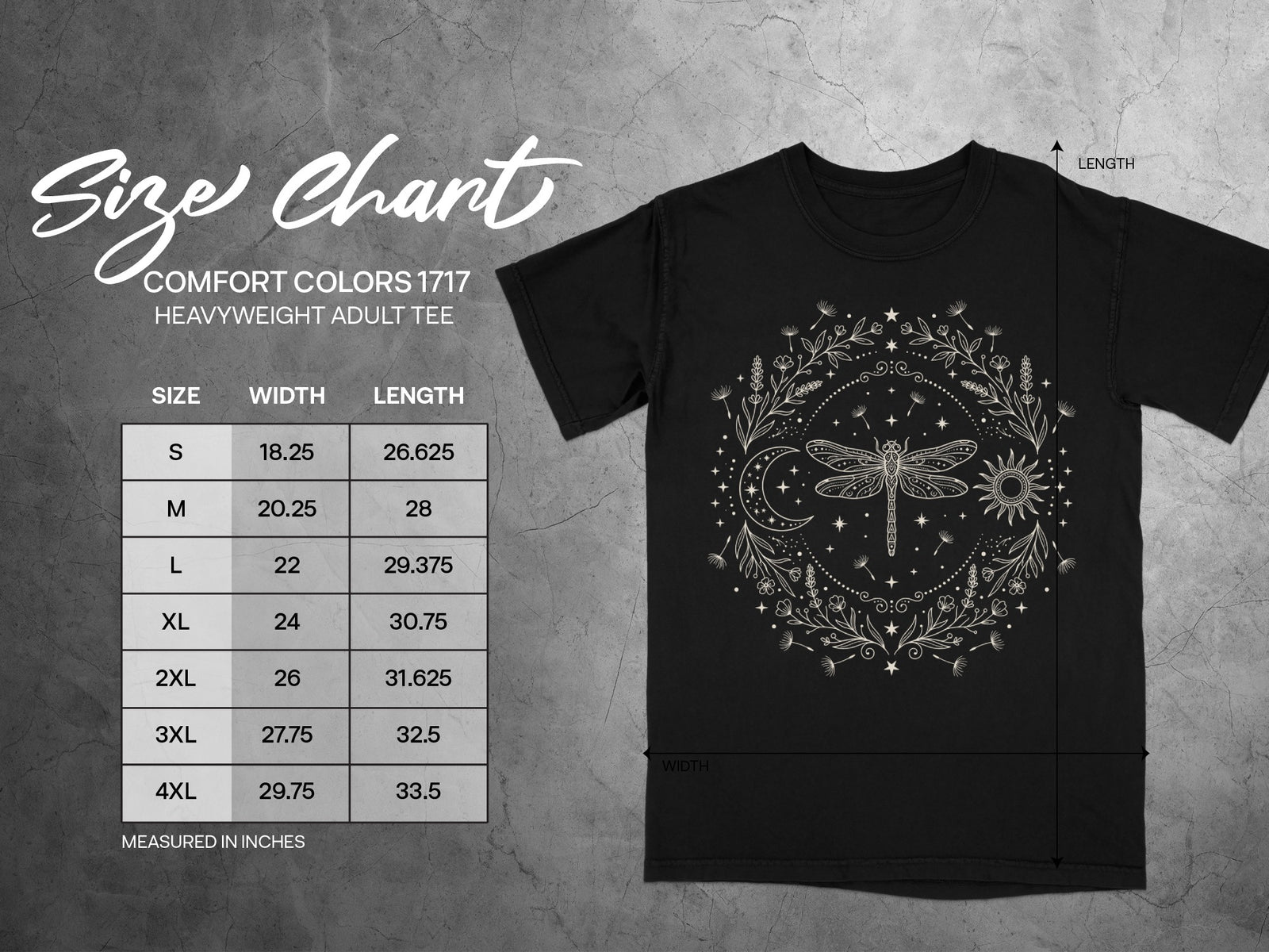 Comfort Colors 1717 adult tee size chart with measurements for width and length in inches.