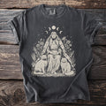 T-shirt with illustration of woman, two cats, roses, and moon phases.