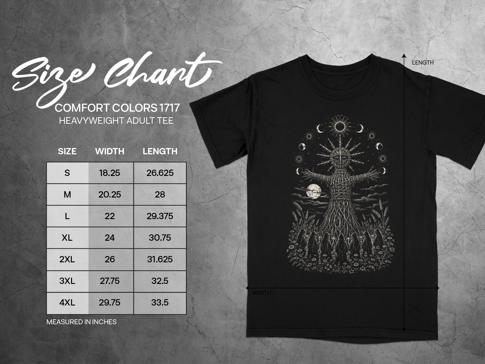 Comfort Colors 1717 heavyweight adult tee size chart with width and length measurements in inches.