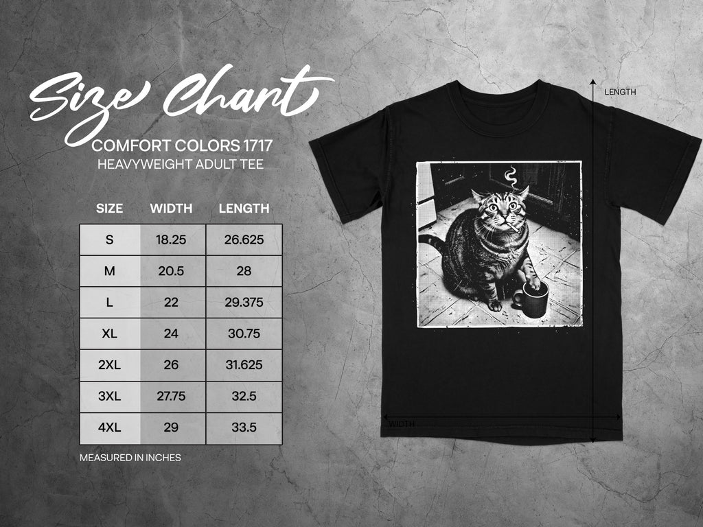 Comfort Colors 1717 garment size chart in inches.