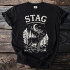 Black t-shirt with "STAG forest king woodland spirit" and deer graphic.