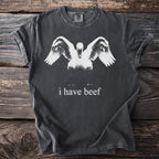 Dark grey t-shirt with a swan graphic and text "i have beef".