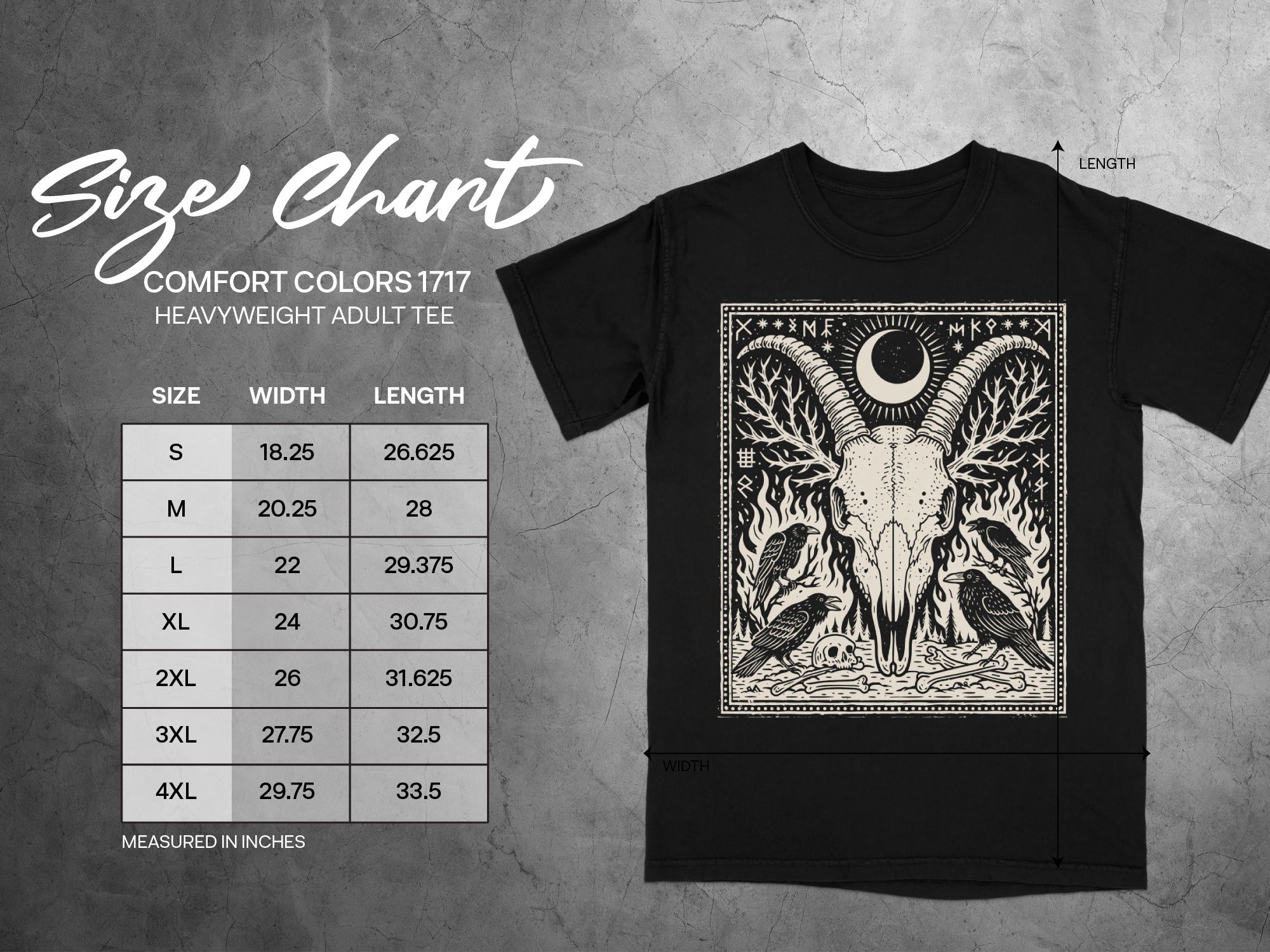 Size chart for black Comfort Colors 1717 heavyweight adult tee with graphic.
