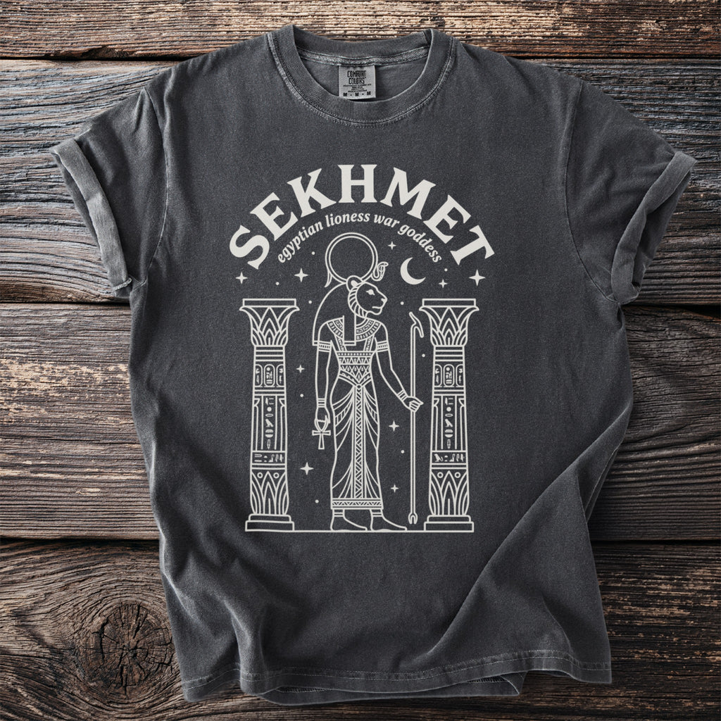 T-shirt with Sekhmet Egyptian lioness war goddess graphic and text.