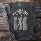 T-shirt with Sekhmet Egyptian lioness war goddess graphic and text.