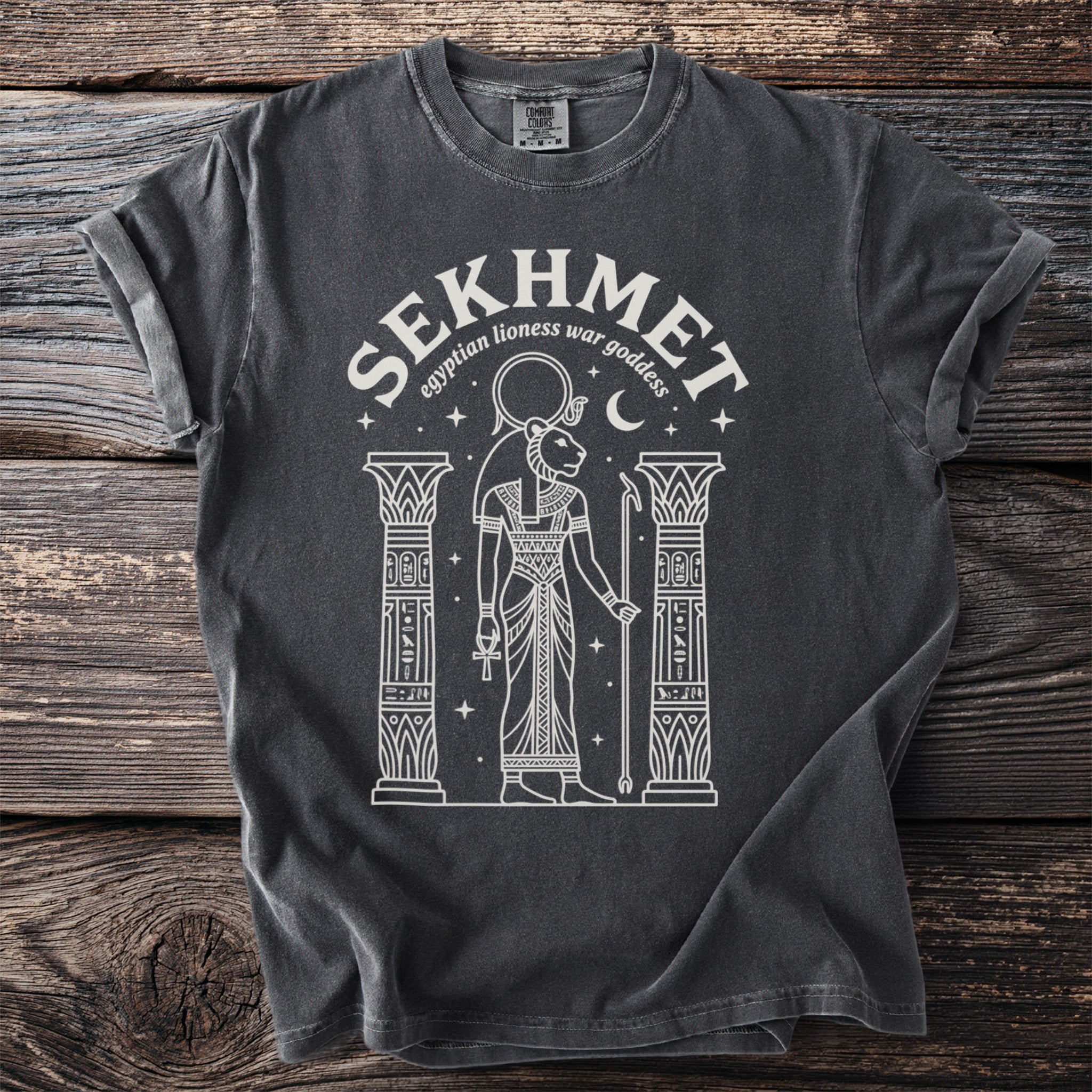 T-shirt with Sekhmet Egyptian lioness war goddess graphic and text.
