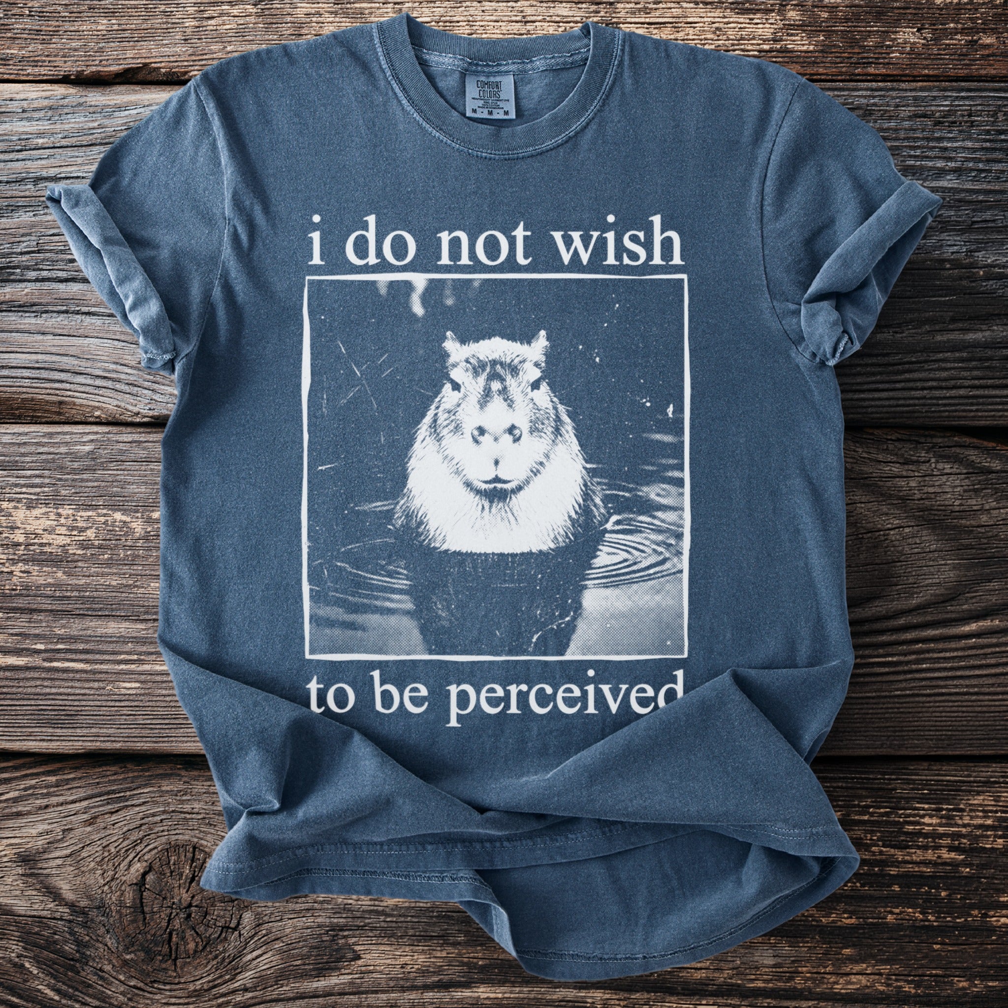 Blue t-shirt with text "i do not wish to be perceived" and a capybara.